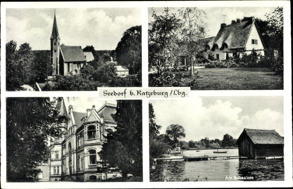 Postcard Seedorf in Lauenburg, view of the town with Schaalsee, church
