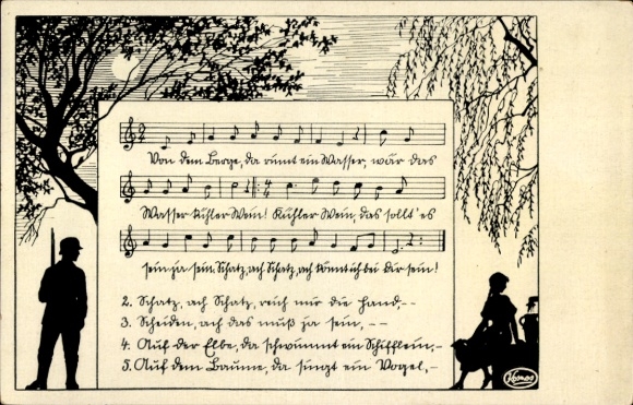 Scherenschnitt Lied Ak Von dem Berge, da rinnt ein Wasser, Soldat, Frau am Brunnen