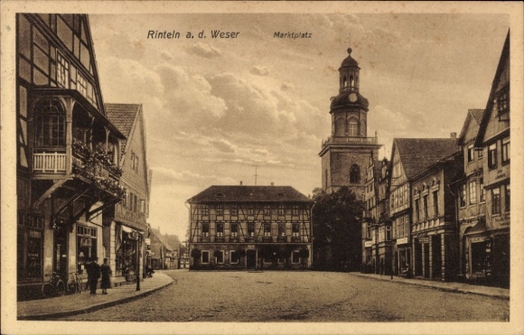 Postcard Rinteln on the Weser, market square, recurring architecture, buildings, church tower
