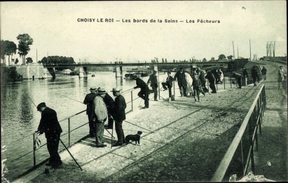 Postcard Choisy le Roi Val de Marne, Pecheurs, banks of the Seine, bridge