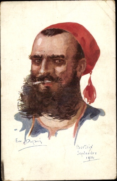 Kunstenaarskaart Dupuis, Emil, Franse soldaat, sigaret
