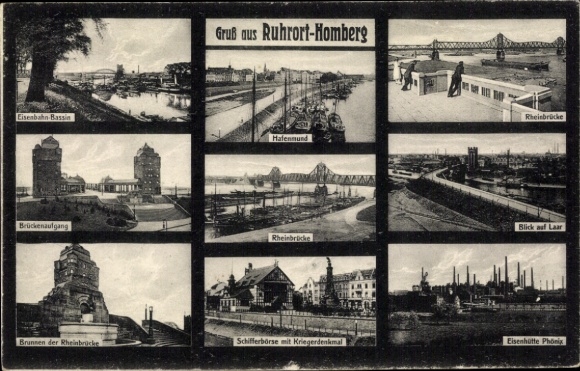 KP Homberg Ruhrort Duisburg w Zagłębiu Ruhry, dorzecze kolejowe, most na Renie, ujście portu, wejście na most