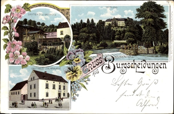 Litho Burgscheidungen Laucha an der Unstrut, Schloss, Gasthof Jul. Krausse, Garten