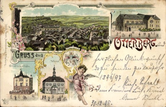 Litho Otterberg in der Pfalz, Kirche, Rathaus, Gesamtansicht, Engel mit Wappen