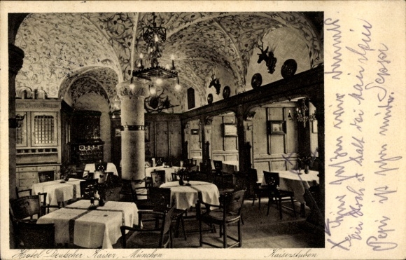 Postcard Munich Bavaria, Hotel Deutscher Kaiser, owner Josef Stengel, Kaiserstuben, interior view
