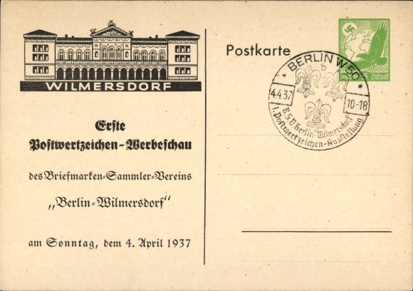 Postwaardestuk Ak Berlin Wilmersdorf, 1e postzegelreclameshow 1937