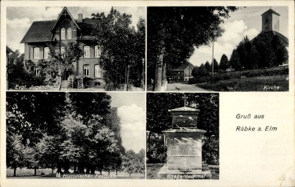 Postcard Räbke Nord Elm Lower Saxony, youth center, fairground, war memorial, church