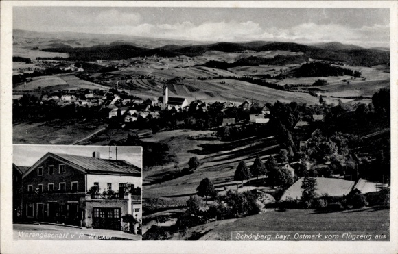 Postcard Schönberg in the Bavarian Forest, aerial photograph, Wacker store