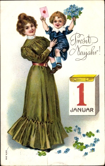 PC Happy New Year, woman with child, calendar, shamrocks, forget-me-nots