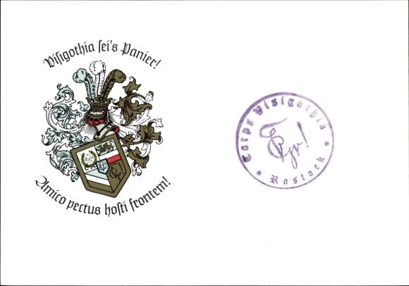 Studentika Postcard Rostock, Corps Visigothia, coat of arms, compass stamp