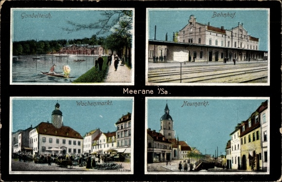 Postcard Meerane in Saxony, gondola pond, train station, weekly market, Neumarkt