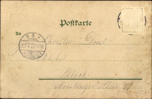 Chromo-Litho Lühe Jork in the old country, ferry house, cherry country, woman in costume