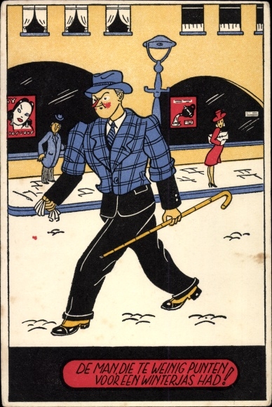 Postcard The man who ran out of points for a winter coat, Mann