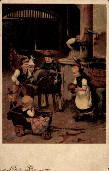 Postcard Children in a barn sanding