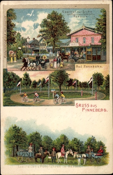 Litho Pinneberg in Schleswig Holstein, Radrennbahn, Eselreiten, Gasthof zur Eiche