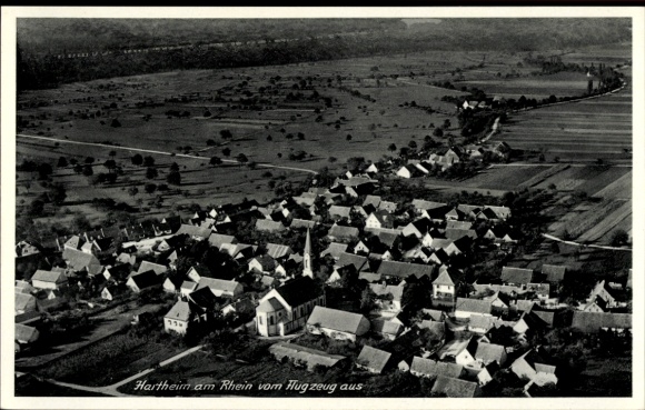 Postcard Hartheim am Rhein, aerial view of Hartheim, rural surroundings, numerous houses, landscape