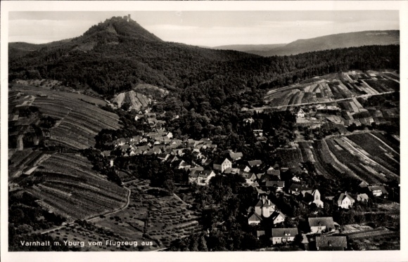 Postcard Varnhalt Baden Baden am Schwarzwald, landscape, Yburg, aerial photography, winegrowing, village