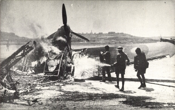 PC Hurricane burning at Ta' Qali airfield after being punished by enemy fighters