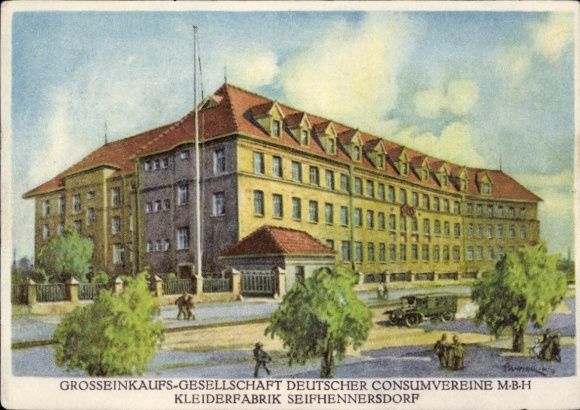 Postcard Seifhennersdorf Oberlausitz Saxony, clothing factory, large purchasing company German consumer associations