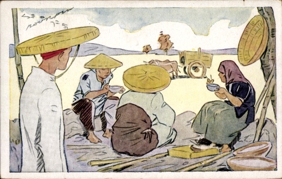 Künstler Ak Vietnam, Le riz d'Indo Chine, repas des Moissonneurs