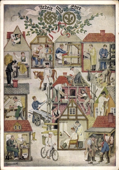 Artist Postcard Reichshandwerkertag 1936, Work and Honor, Hairdresser, Baker, Potter, Chimney Sweep