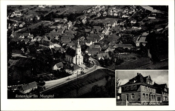 Postcard Bad Rotenfels Gaggenau in the Murg Valley, aerial view of the village, church, inn, surroundings