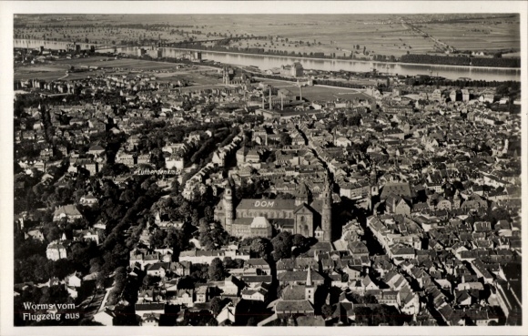 Postcard Worms in Rhineland Palatinate, aerial photograph, cathedral