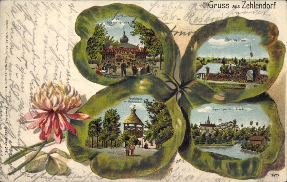 Kleeblatt litho Berlin Zehlendorf, sportpark, vijver, Pekingpoort, rotsgrot