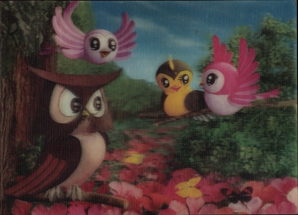 3-D Postcard Owl and three birds on a branch, butterflies, flowers