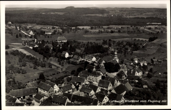 Postcard Wüstenrot in Württemberg, aerial photograph, rural surroundings, Pension Schmieg