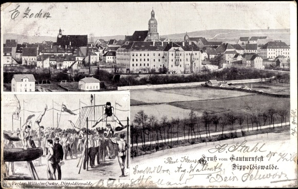 Postcard Dippoldiswalde in the Ore Mountains, Gauturnfest, general view