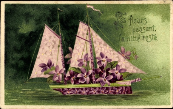Embossed litho violet sailing boat, flower image, Amitié reste