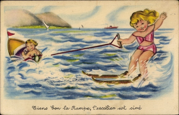 Artist Postcard Girl Waterskiing, Boat