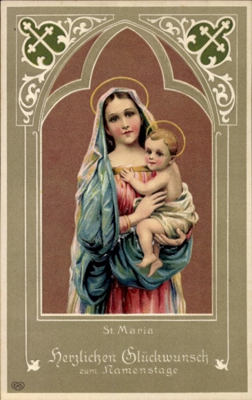 Embossed Passepartout Postcard congratulations name day, Mary with Jesus
