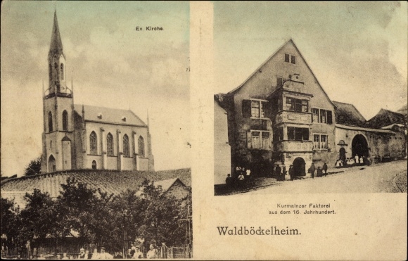 Ansichtkaart Waldboeckelheim aan de Nahe, Ev. Kerk, handelspost Kurmainzer