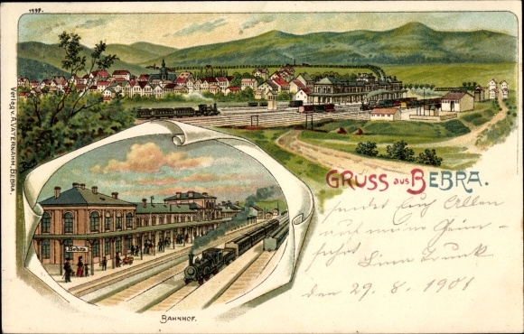 Litho Bebra an der Fulda in Hessen, Totalansicht der Ortschaft, Bahnhof, Gleisseite, Dampflok