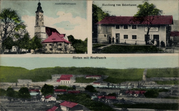 Postcard Hirten Burgkirchen Upper Bavaria, general view, power plant, Margarethenberg, shop Zeberbauer