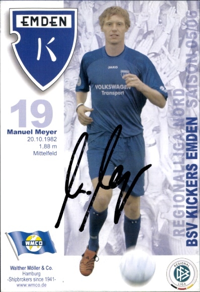 Karta z autografem piłkarza Manuela Meyera, BSV Kickers Emden, autograf