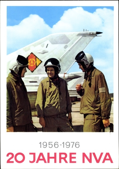 Postcard 20 years NVA 1976, GDR, fighter plane, fighter pilots