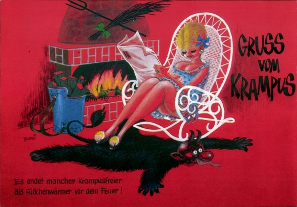Artysta KP Purzi, Krampus, Wiele osób wolnych od Krampusów ogrzewa stopy przed ogniem