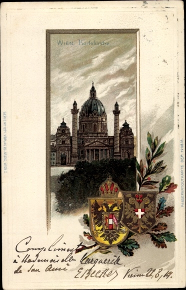 Präge Wappen Passepartout Litho Wien 4 Wieden, Karlskirche