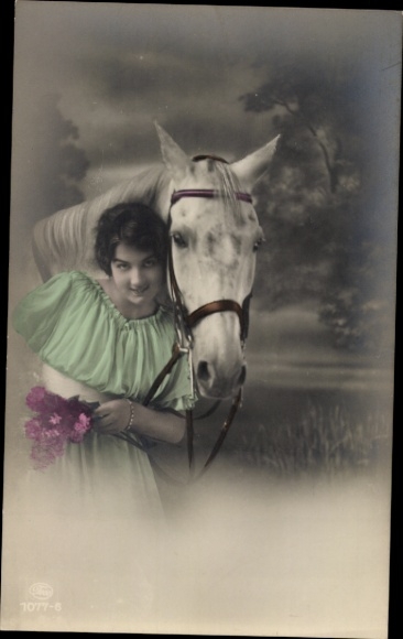 Postcard Woman and white horse, portrait