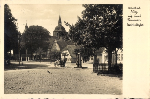Postcard Burg on the island of Fehmarn, Breitestraße, church, fountain, horse-drawn carriage