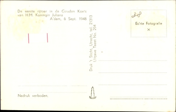 Postcard Queen Juliana of the Netherlands, Golden Coach, 6 September 1948