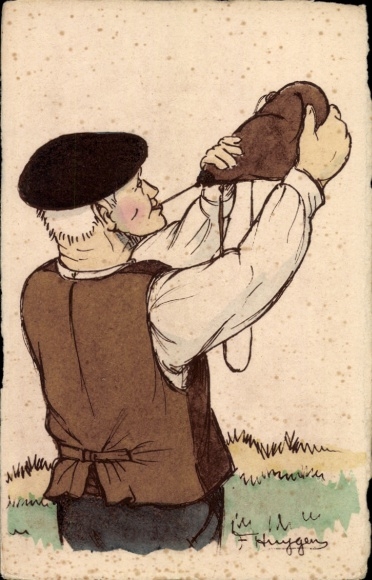 Artysta KP Huygen, Kraj Basków, mężczyzna pijący z worka, strój ludowy, tradycja