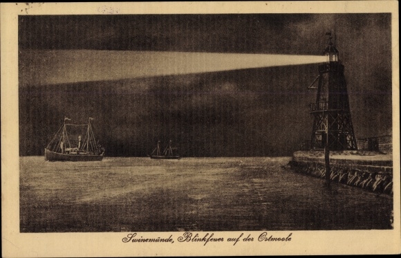 Postcard Warszów Świnoujście Osternothafen Swinemünde Pomerania, flashing lights on the east pier, lighthouse