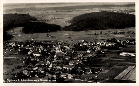 Postcard Fischach in Swabia, aerial view of rural surroundings, several buildings, fields