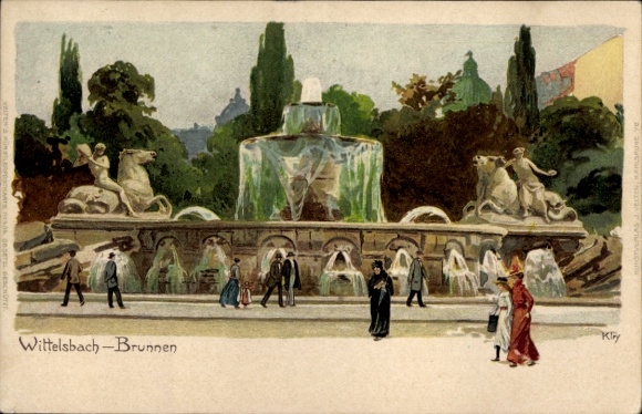 Künstler Litho Kley, Heinrich, München Oberbayern Bayern, Partie am Wittelsbach Brunnen