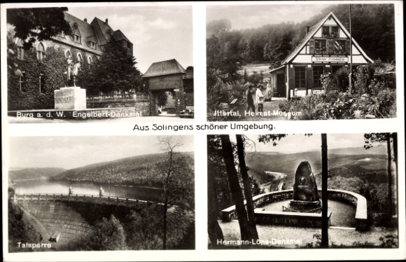 Ak Solingen im Bergischen Land, Talsperre, Hermann Löns Denkmal, Engelbert Denkmal, Heimatmuseum