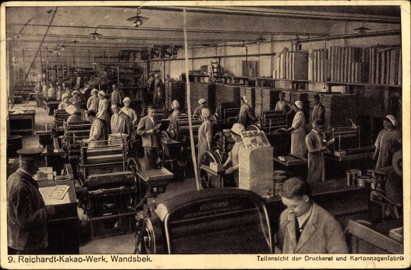 Ansichtkaart Hamburg Wandsbek, cacaofabriek Reichardt, drukkerij en kartonfabriek